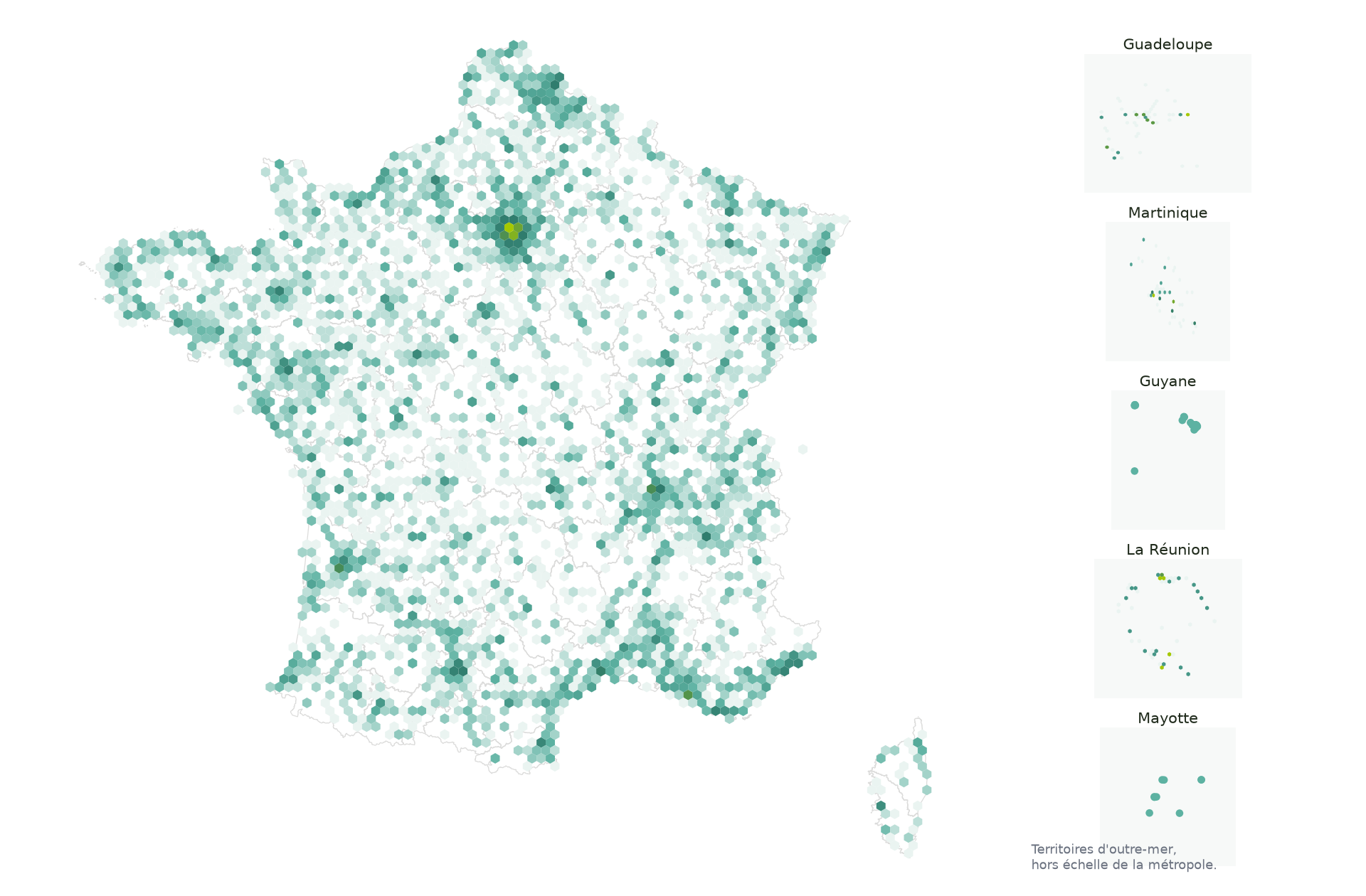 Carte de densité des laveries et kiosques recensés en France métropolitaine, avec des encarts séparés pour la Guadeloupe, la Martinique, la Guyane, La Réunion et Mayotte.
